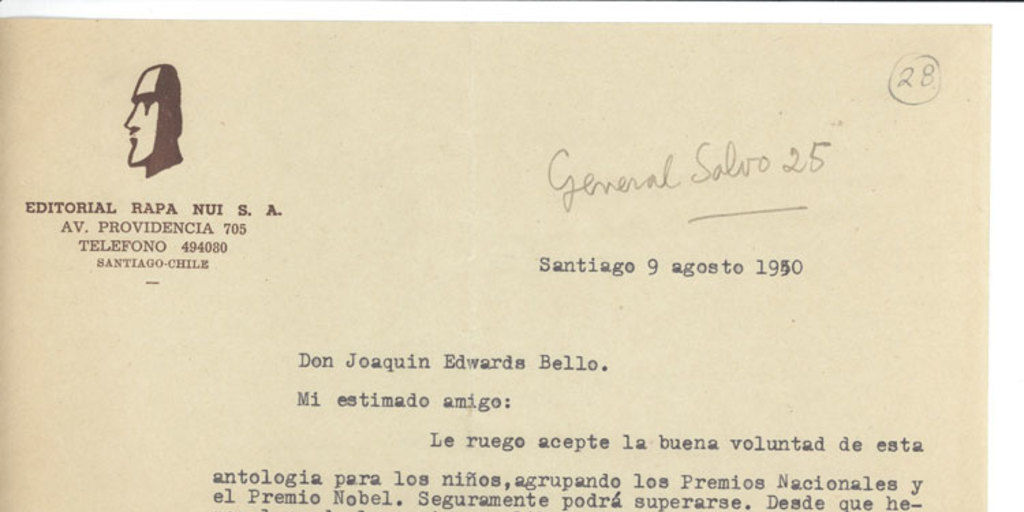 Carta a Joaquín Edwards Bello, 9 de agosto de 1950, Santiago, Chile