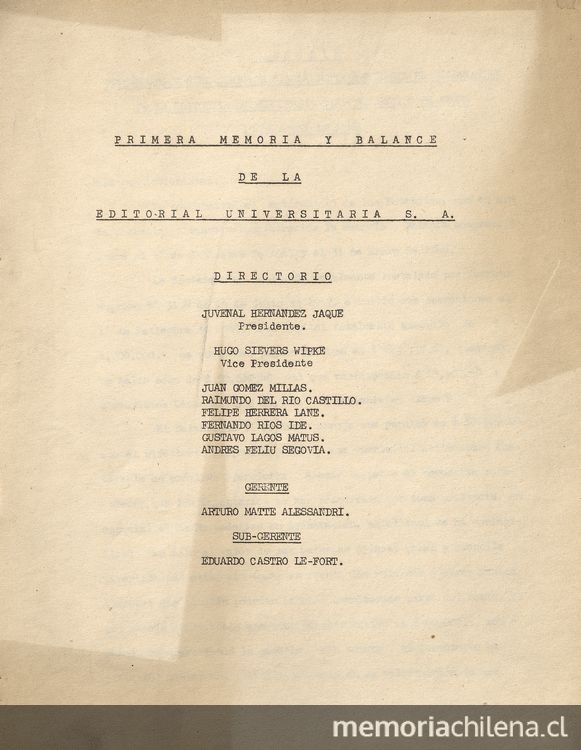 Primera memoria y balance de la Editorial Universitaria S.A.