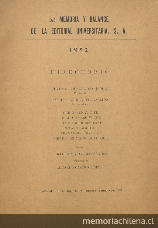 5.a memoria y balance de la Editorial Universitaria, S.A. : 1952