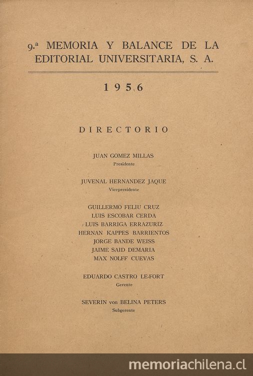 9.a memoria y balance de la Editorial Universitaria, S.A. : 1956