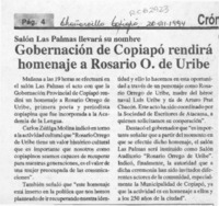 Gobernación de Copiapó rendirá homenaje a Rosario O. de Uribe  [artículo].