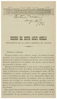 Discurso del doctor Adolfo Murillo Presidente de la Junta Central de Vacuna.