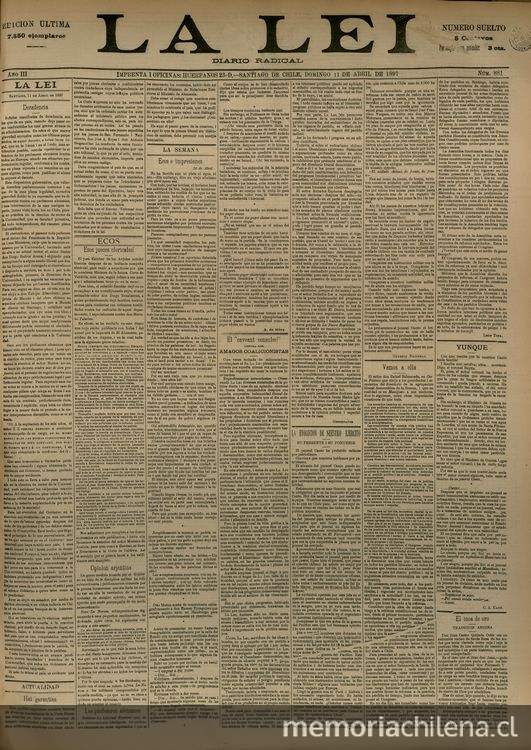 La Lei. Diario Radical. Año III, número 881, Santiago de Chile, domingo 11 de abril de 1897