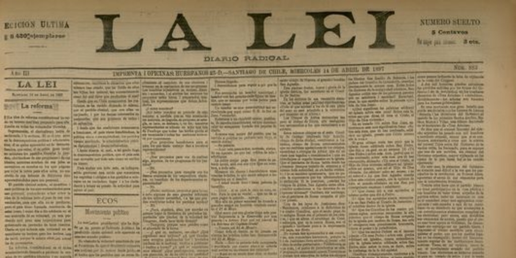 La Lei. Diario Radical. Año III, número 883, Santiago de Chile, miércoles 14 de abril de 1897