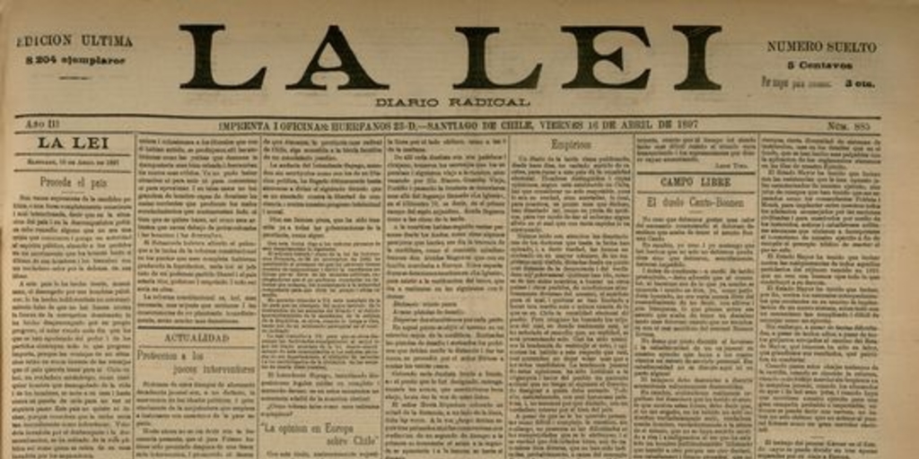 La Lei. Diario Radical. Año III, número 885, Santiago de Chile, viernes 16 de abril de 1897