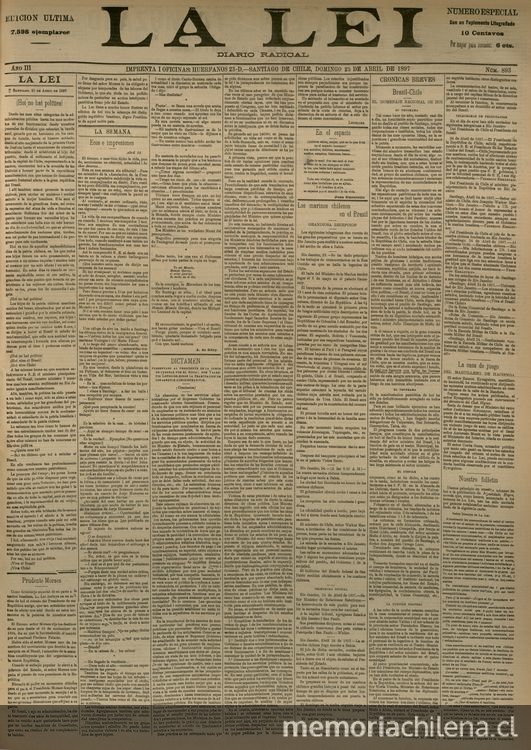 La Lei. Diario Radical. Año III, número 893, Santiago de Chile, miércoles 25 de abril de 1897