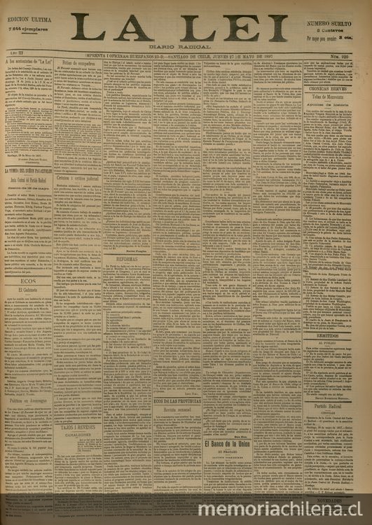 La Lei. Diario Radical. Año III, número 920, Santiago de Chile, jueves 27 de mayo de 1897