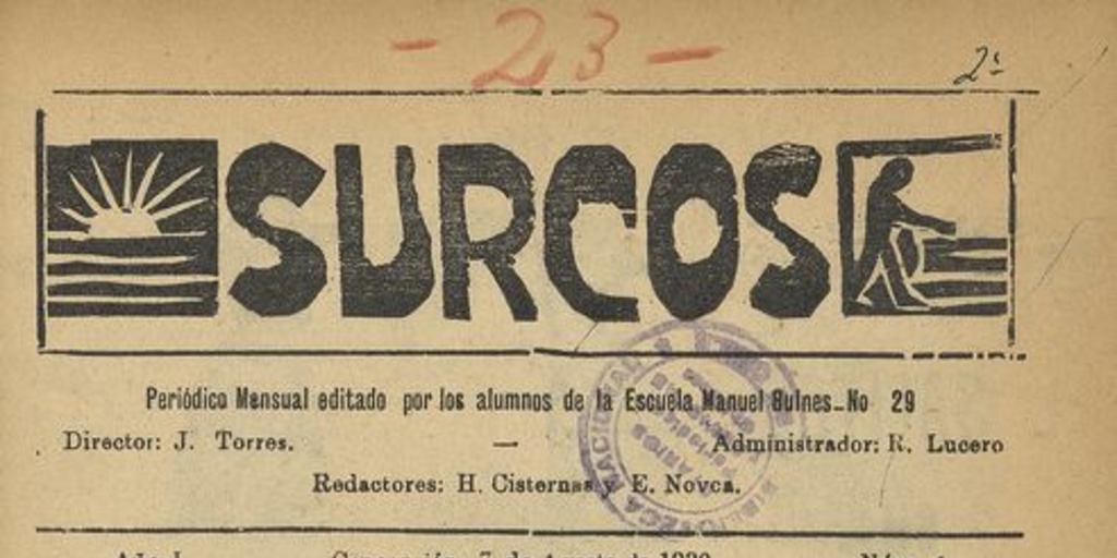 Surcos. Escuela Manuel Bulnes, Concepción. Año 1, N.º 1, p. 1. Portada.