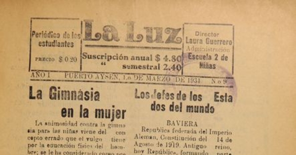 La Luz. Escuela N.º 2 de Niñas, Puerto Aysén, Año 1, N.º 9, 1 de Marzo de 1931, página 2.