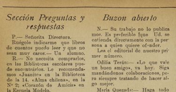 Sección de comunicación con el público de la revista Destellos la Escuela Completa de Niñas N° 2 de Arica en 1928.