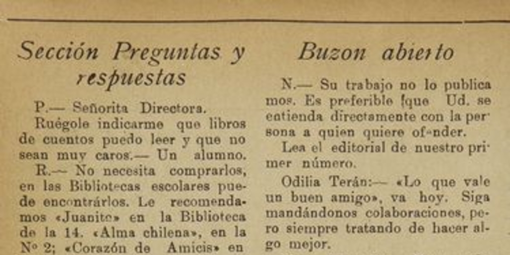 Sección de comunicación con el público de la revista Destellos la Escuela Completa de Niñas N° 2 de Arica en 1928.