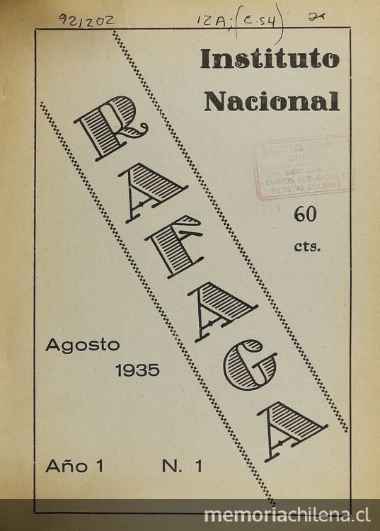 Colaboraciones de estudiantes del Instituto Nacional en revista Ráfaga, 1935.