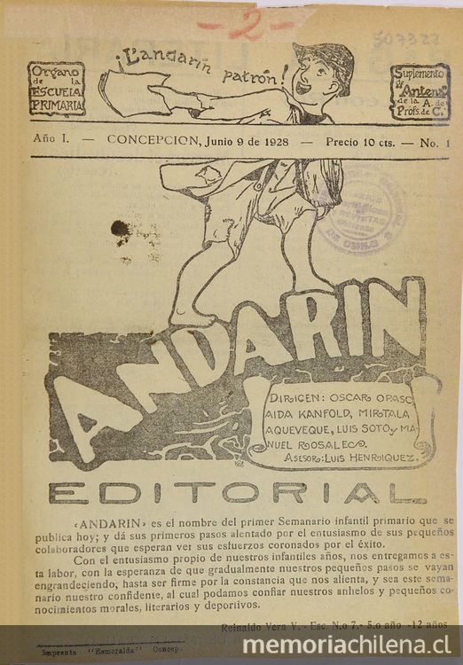 Portada de Andarín, "órgano de la Escuela Primaria". Concepción, 1928.