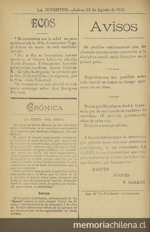 Sección de avisos del periódico semanal La Juventud del Liceo Santa Filomena. Concepción, 1905.