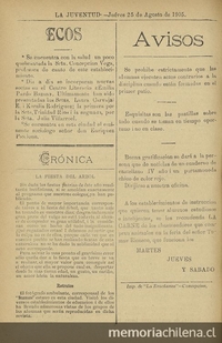 Sección de avisos del periódico semanal La Juventud del Liceo Santa Filomena. Concepción, 1905.