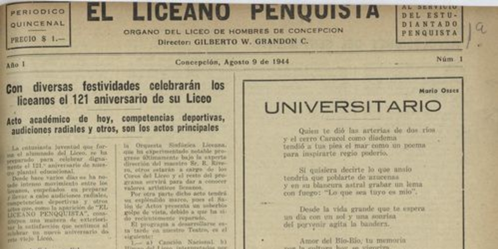 El Liceano penquista / Organo del Liceo de Hombres de Concepción.