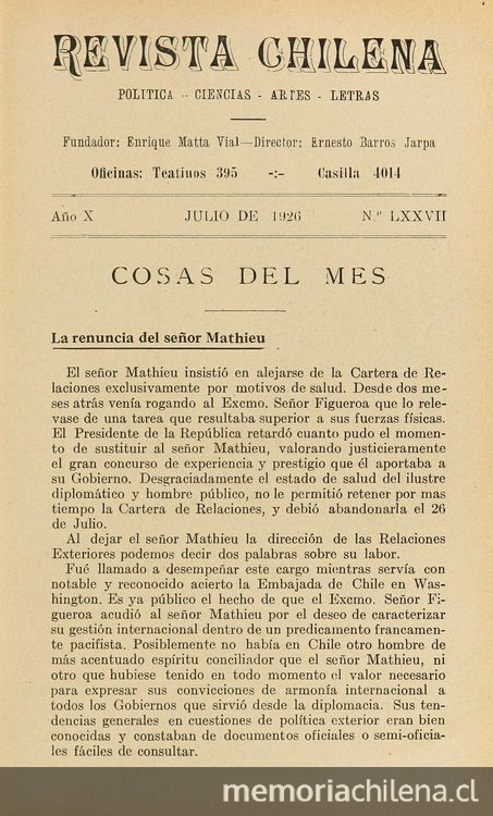 Revista chilena: año 10, número 77, julio de 1926