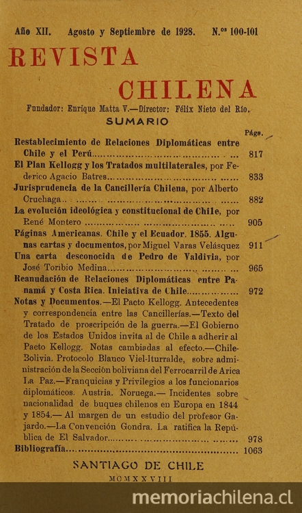 Revista Chilena. Año 12, número 100-101, agosto-septiembre de 1928