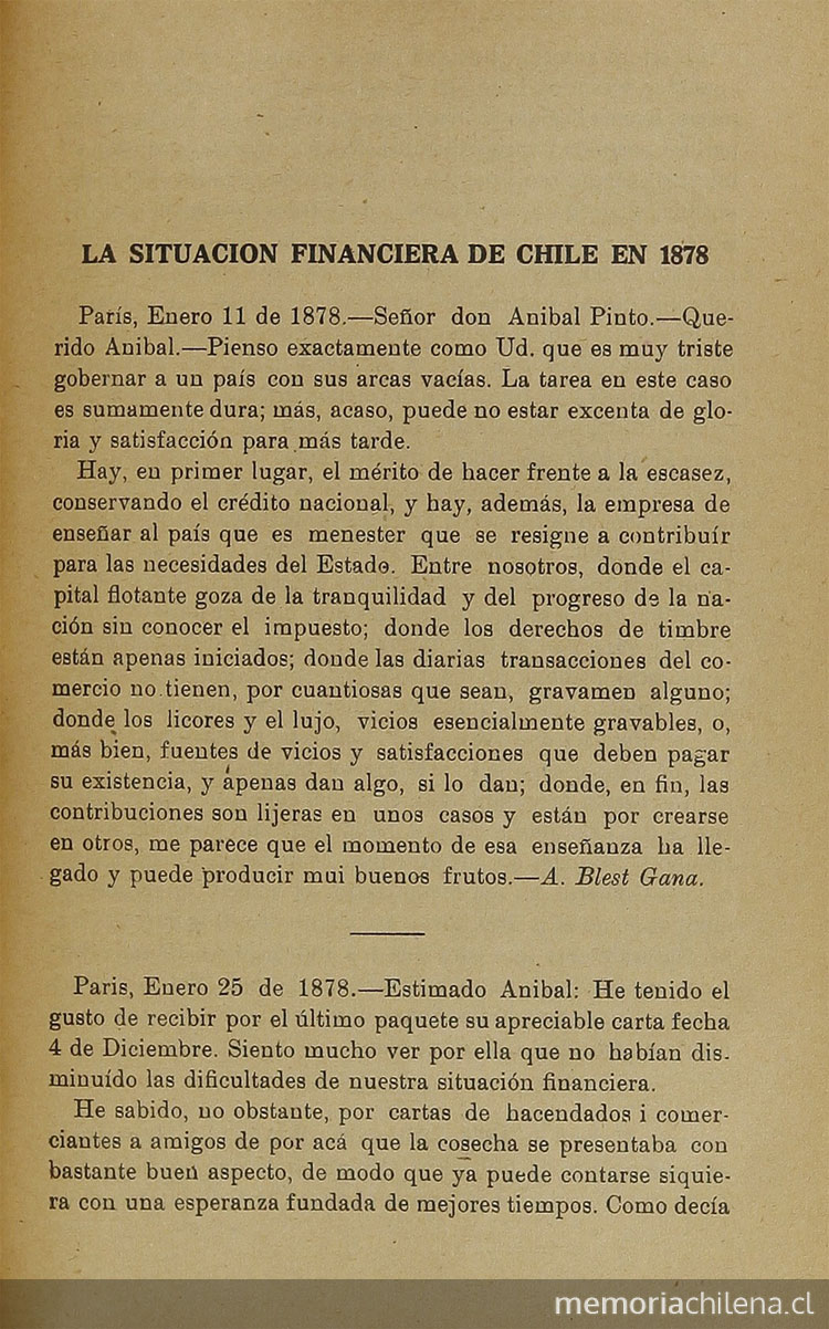 La situación financiera de Chile en 1878