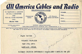 [Telegrama] [1946], Washington D. C. [a] Rosamel del Valle[manuscrito]