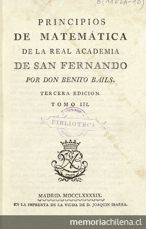 Portada de Principios de matemáticas de la Real Academia de San Fernando, volumen 3