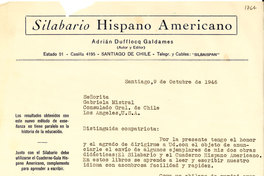 [Carta] 1946 oct. 9, Santiago, Chile [a] Gabriela Mistral, Los Angeles de California, [Estados Unidos][manuscrito]