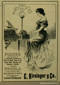 Anuncio publicitario de C. Kisinger y Ca. Pianos. Fonola