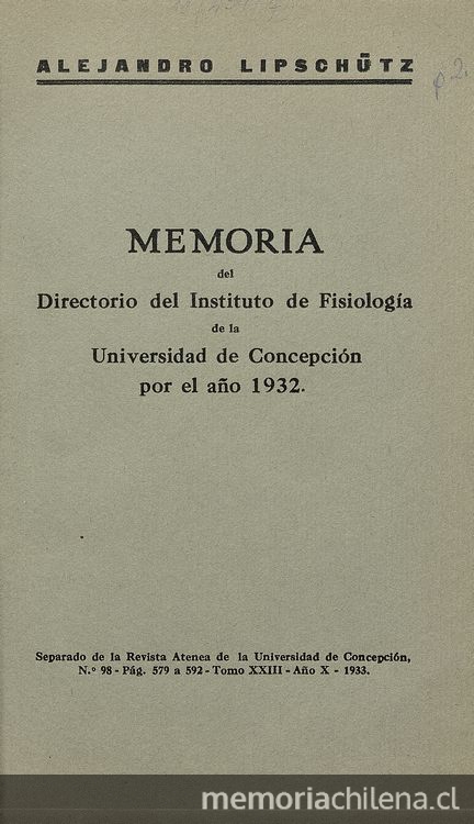 Memoria del Director del Instituto de Fisiología de la Universidad de Concepción por el año 1932