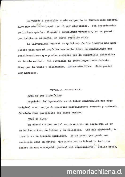 El ser científico. Universidad Austral. 1976. Archivo personal Joaquín Luco