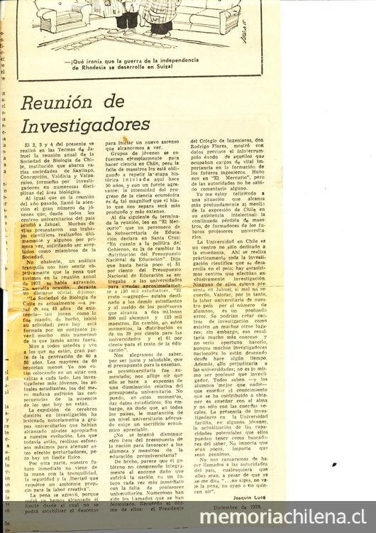 Reunión de investigadores. Artículo publicado en El Mercurio 1976, diciembre. Archivo personal Joaquín Luco