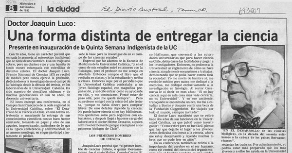 Una forma distinta de entregar la ciencia. El Diario Austral, Temuco, 9 de noviembre de 1983.