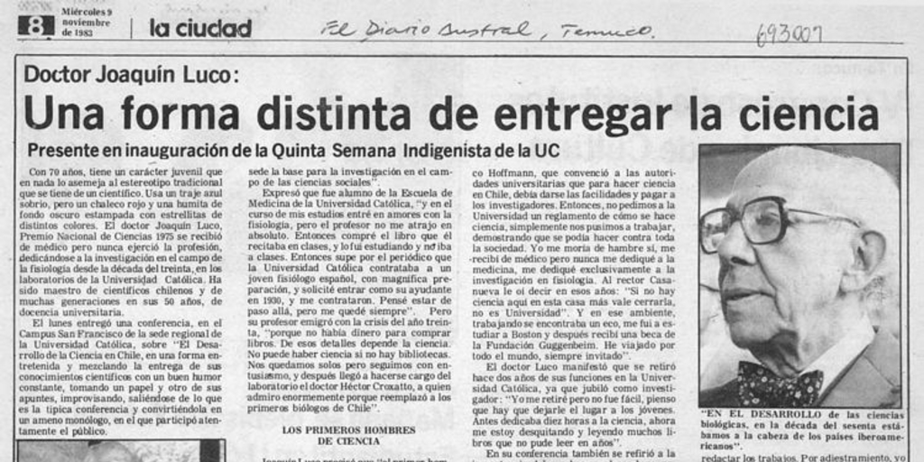 Una forma distinta de entregar la ciencia. El Diario Austral, Temuco, 9 de noviembre de 1983.