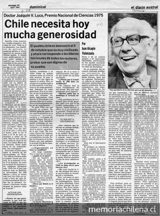 Chile necesita hoy mucha generosidad. El Diario Austral, Temuco, 18 de abril de 1989