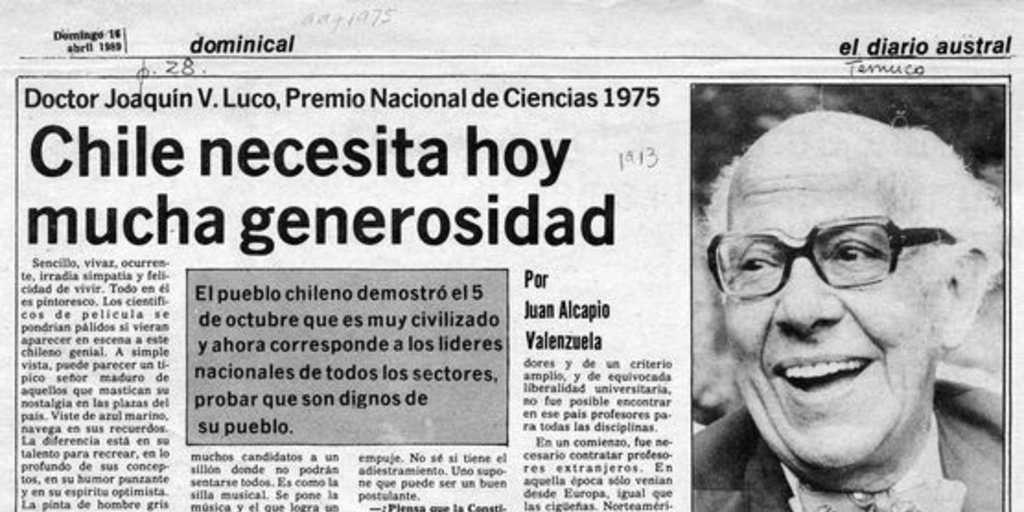 Chile necesita hoy mucha generosidad. El Diario Austral, Temuco, 18 de abril de 1989