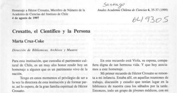 Croxatto, el científico y la persona. Anales Academia Chilena de Ciencias, nº 6, (1999)