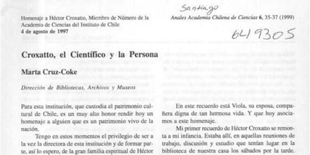 Croxatto, el científico y la persona. Anales Academia Chilena de Ciencias, nº 6, (1999)