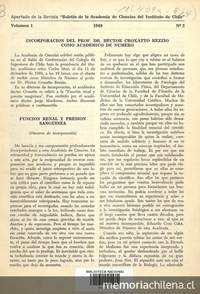 Función renal y presión sanguínea. Discurso de incorporación. Incorporación del Prof. Dr. Héctor Croxatto Rezzio como Académico de Número. Apartado de la Revista Boletín de la Academia de Ciencias del Instituto de Chile