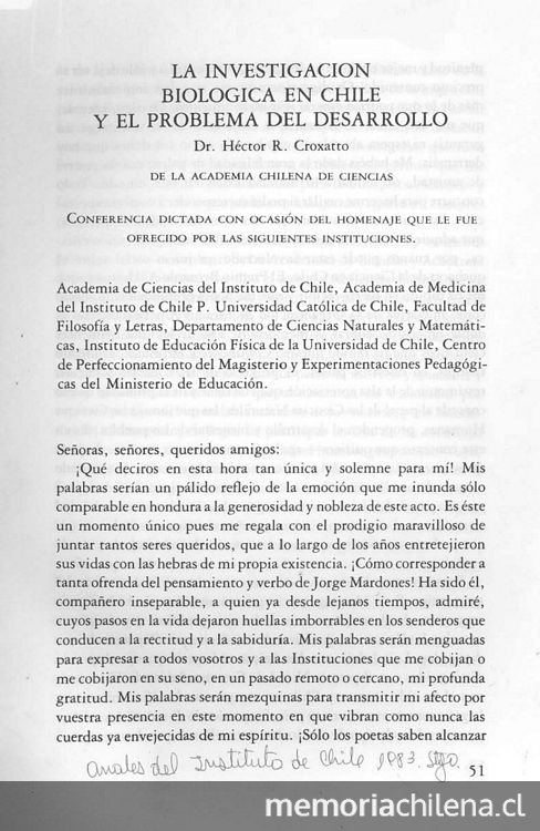 La investigación biológica en Chile y el problema del desarrollo