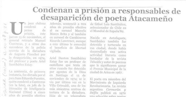 Condenan a prisión a responsables de desaparición de poeta Atacameño