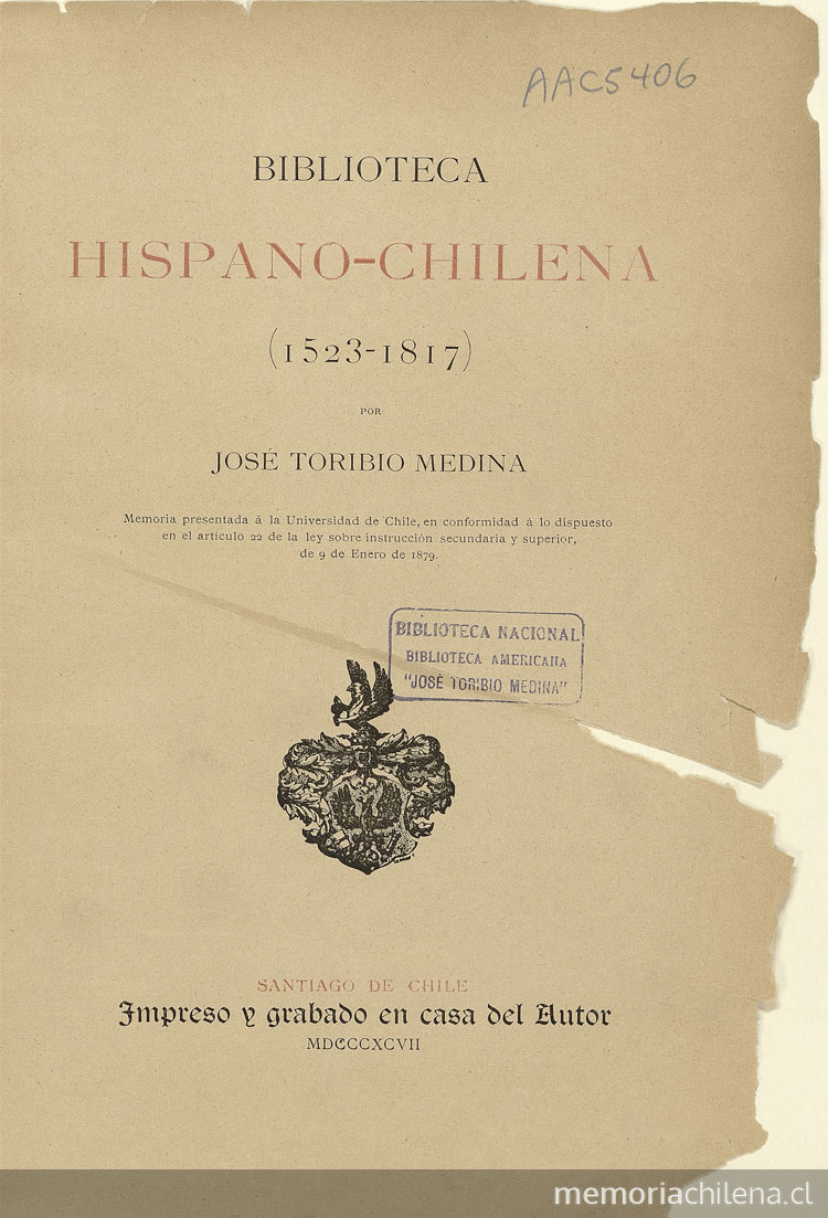 Portada de Biblioteca hispano-chilena : (1523-1817), volumen 1