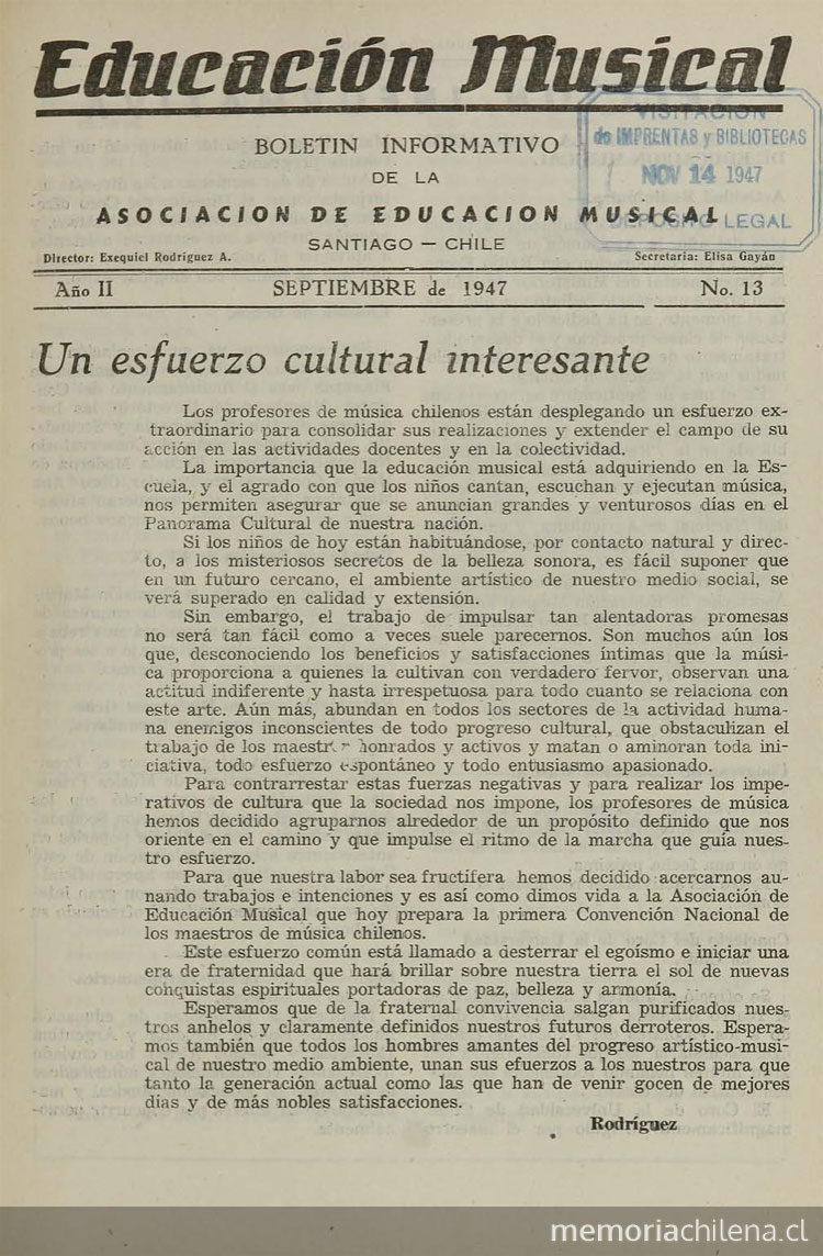 Educación musical: año II, número 13, septiembre de 1947