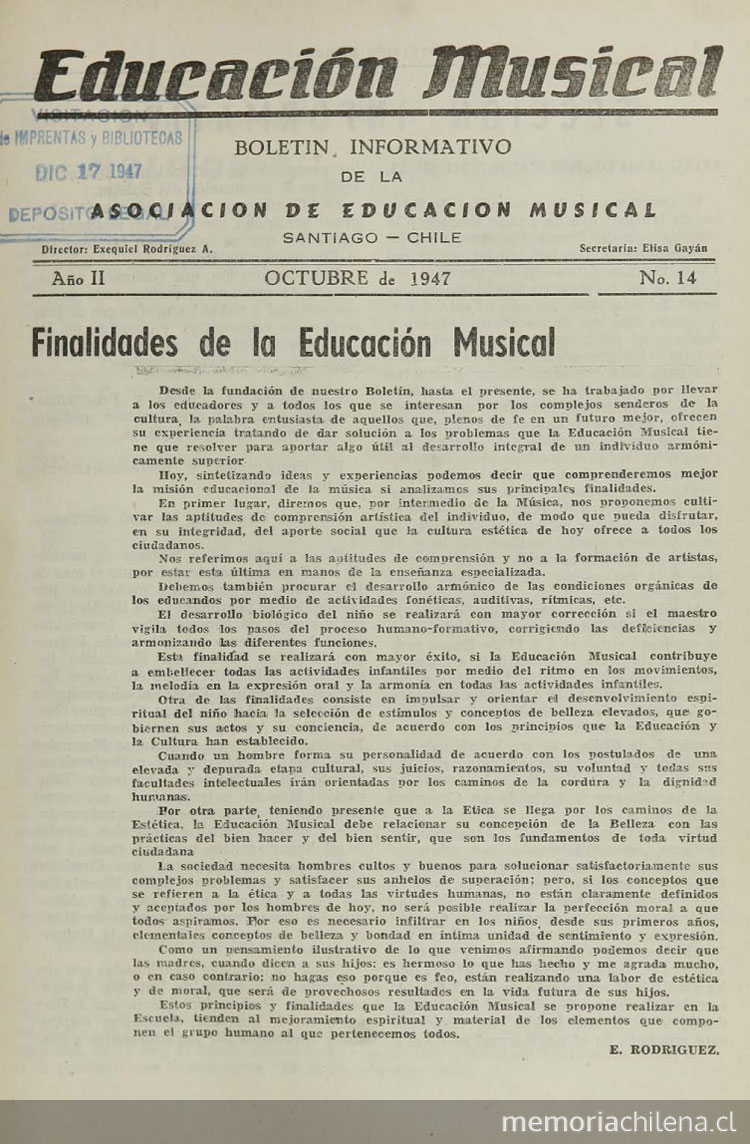 Educación musical: año II, número 14, octubre de 1947