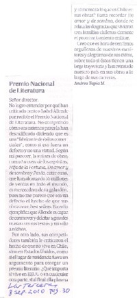 Premio Nacional de Literatura  [artículo] Andrea Tapia M.