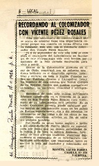 Recordando al colonizador don Vicente Pérez Rosales  [artículo] Manuel Salvo Parra.