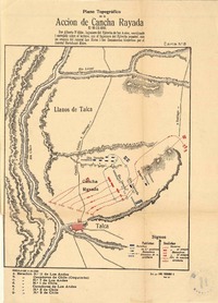 Plano topográfico de la acción de Cancha Rayada el 19-III-1818 [material cartográfico] : Por Alberto D'Abbe, Injeniero del Ejército de los Andes, coordinado i correjido sobre el terreno, con el Injeniero del Ejército español con un croquis del Jeneral Las Heras i los Documentos históricos por el Jeneral Bartolomé Mitre.