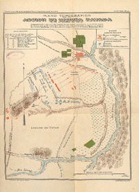 Plano topográfico de la acción de Cancha Rayada el 19 de marzo de 1818 [material cartográfico] : pr. Alberto d'Albe Ingeniero del Ejercito de los Andes coordinado y correjido sobre elm terreno con el Ingeniero del Ejército español, tomado en Maipú, un croquis del General Las Heras y los documentos históricos por el General Bartolomé Mitre.