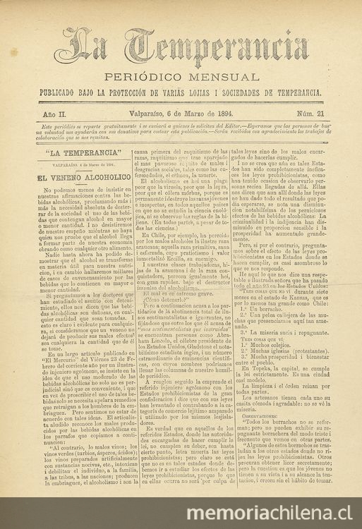 La temperancia Año 2: nº21, 6 de marzo de 1894