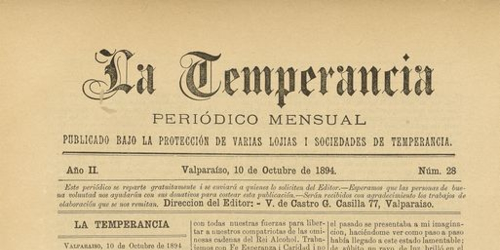 La temperancia Año 2: nº28, 10 de octubre de 1894