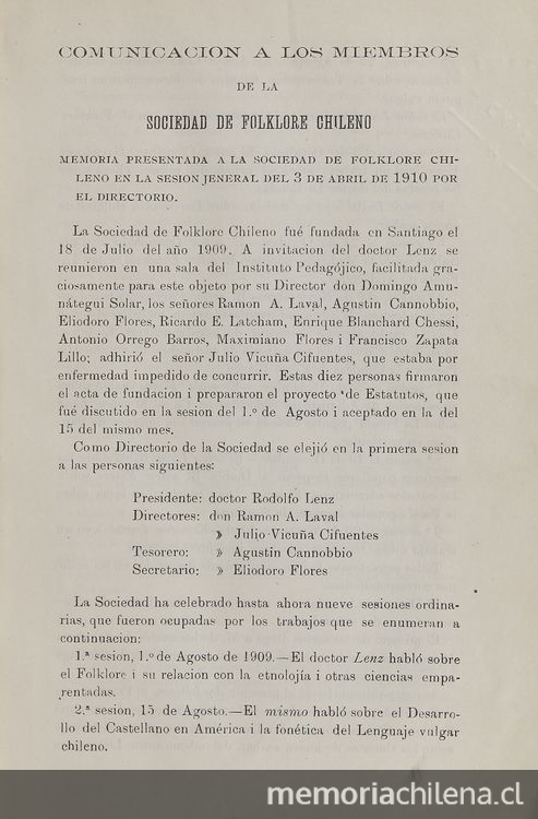 Comunicación a los miembros de la Sociedad de Folklore Chileno :memoria presentada a la Sociedad