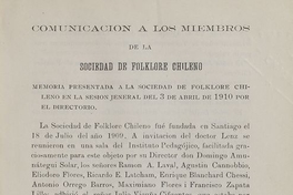 Comunicación a los miembros de la Sociedad de Folklore Chileno :memoria presentada a la Sociedad